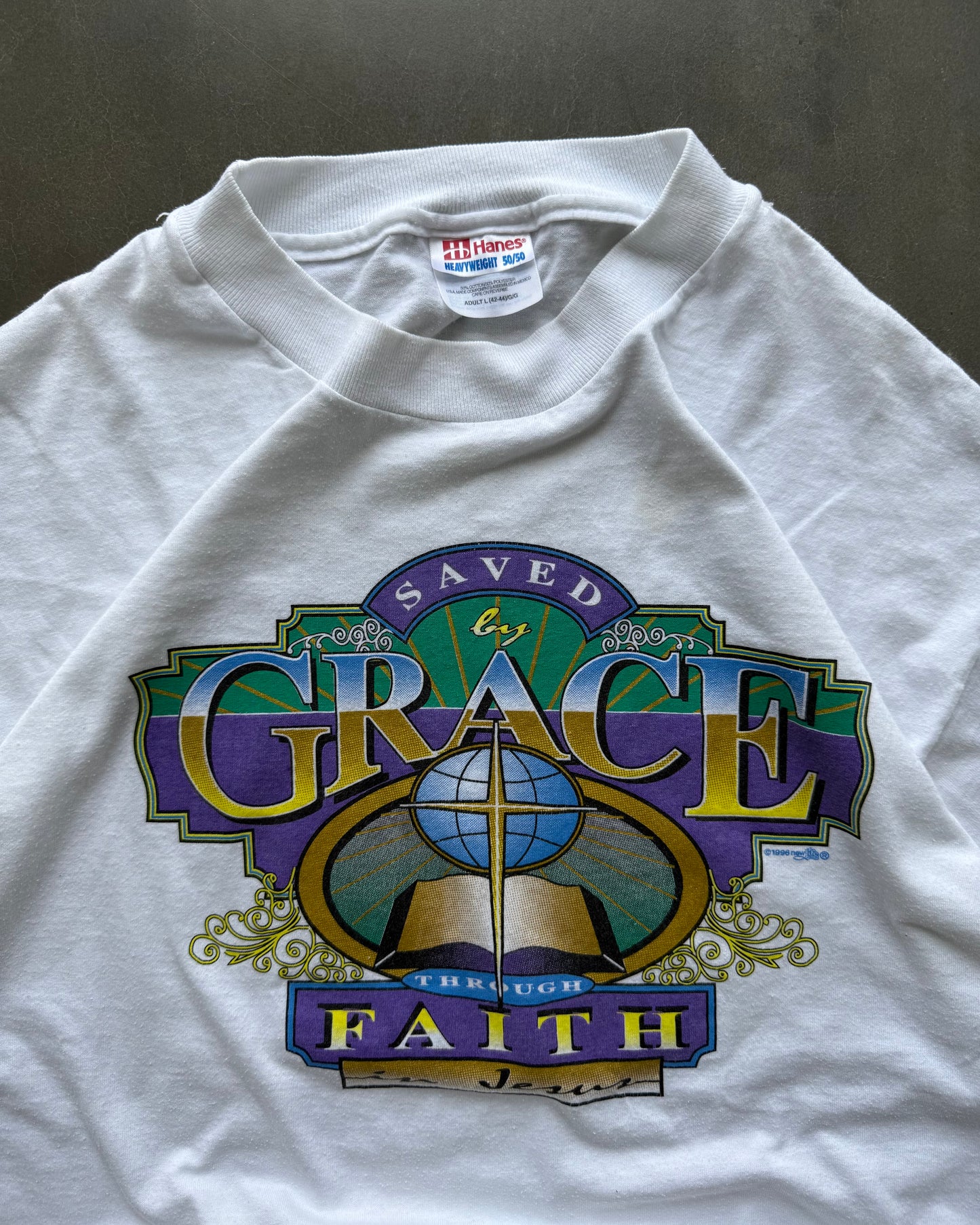 Vintage Saved By Grace Through Faith Jesus Tee - L
