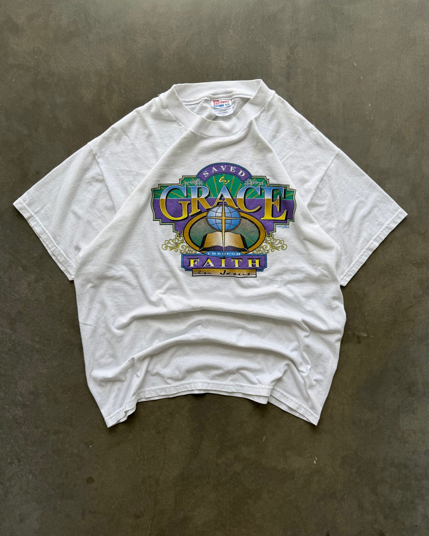 Vintage Saved By Grace Through Faith Jesus Tee - L